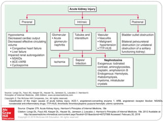 Source: Chapter 279. Acute Kidney Injury, Harrison's Principles of Internal Medicine, 18e
Citation: Longo DL, Fauci AS, Kasper DL, Hauser SL, Jameson J, Loscalzo J. Harrison's Principles of Internal Medicine, 18e; 2012 Available at:
http://accessmedicine.mhmedical.com/content.aspx?bookid=331&sectionid=40727068 Accessed: February 20, 2018
Copyright © 2018 McGraw-Hill Education. All rights reserved
Classification of the major causes of acute kidney injury. ACE-1, angiotensin-converting enzyme 1; ARB, angiotensin receptor blocker; NSAIDs,
nonsteroidal anti-inflammatory drugs; TTP-HUS, thrombotic thrombocytopenic purpura-hemolytic uremic syndrome.
 