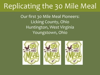 Replicating the 30 Mile Meal
     Our first 30 Mile Meal Pioneers:
           Licking County, Ohio
       Huntington, West Virginia
            Youngstown, Ohio
 