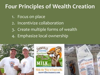 Four Principles of Wealth Creation
  1.   Focus on place
  2.   Incentivize collaboration
  3.   Create multiple forms of wealth
  4.   Emphasize local ownership
 