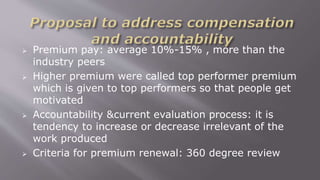  Premium pay: average 10%-15% , more than the
industry peers
 Higher premium were called top performer premium
which is given to top performers so that people get
motivated
 Accountability &current evaluation process: it is
tendency to increase or decrease irrelevant of the
work produced
 Criteria for premium renewal: 360 degree review
 