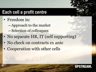 Each cell a profit centre
•  Freedom in:
   –  Approach to the market
   –  Selection of colleagues
•  No separate HR, IT (self supporting)
•  No check on contracts ex ante
•  Cooperation with other cells
 