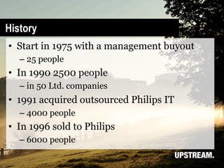 History
•  Start in 1975 with a management buyout
   –  25 people
•  In 1990 2500 people
   –  in 50 Ltd. companies
•  1991 acquired outsourced Philips IT
   –  4000 people
•  In 1996 sold to Philips
   –  6000 people
 