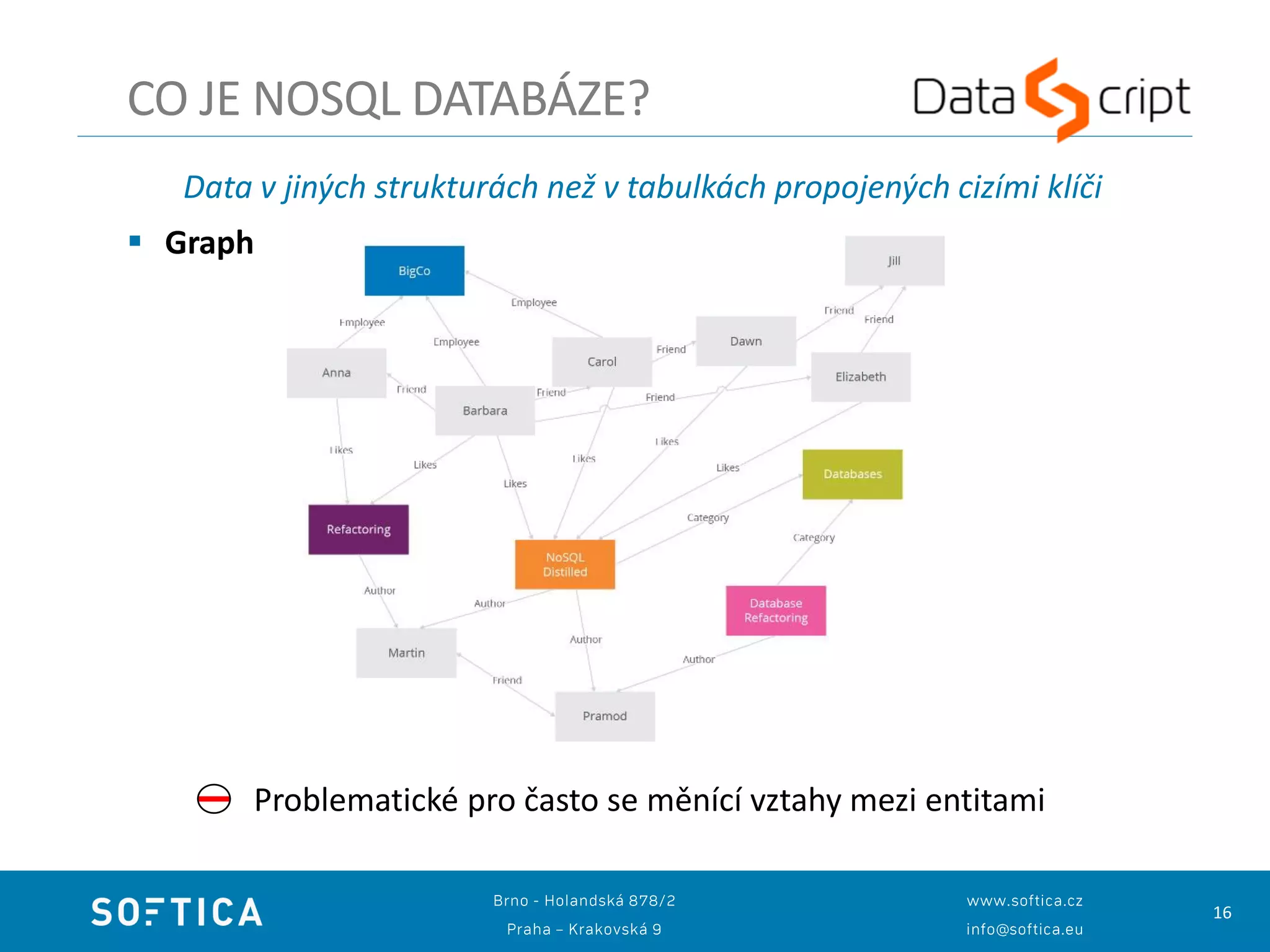 16
Data v jiných strukturách než v tabulkách propojených cizími klíči
 Graph
Problematické pro často se měnící vztahy mezi entitami
CO JE NOSQL DATABÁZE?
 