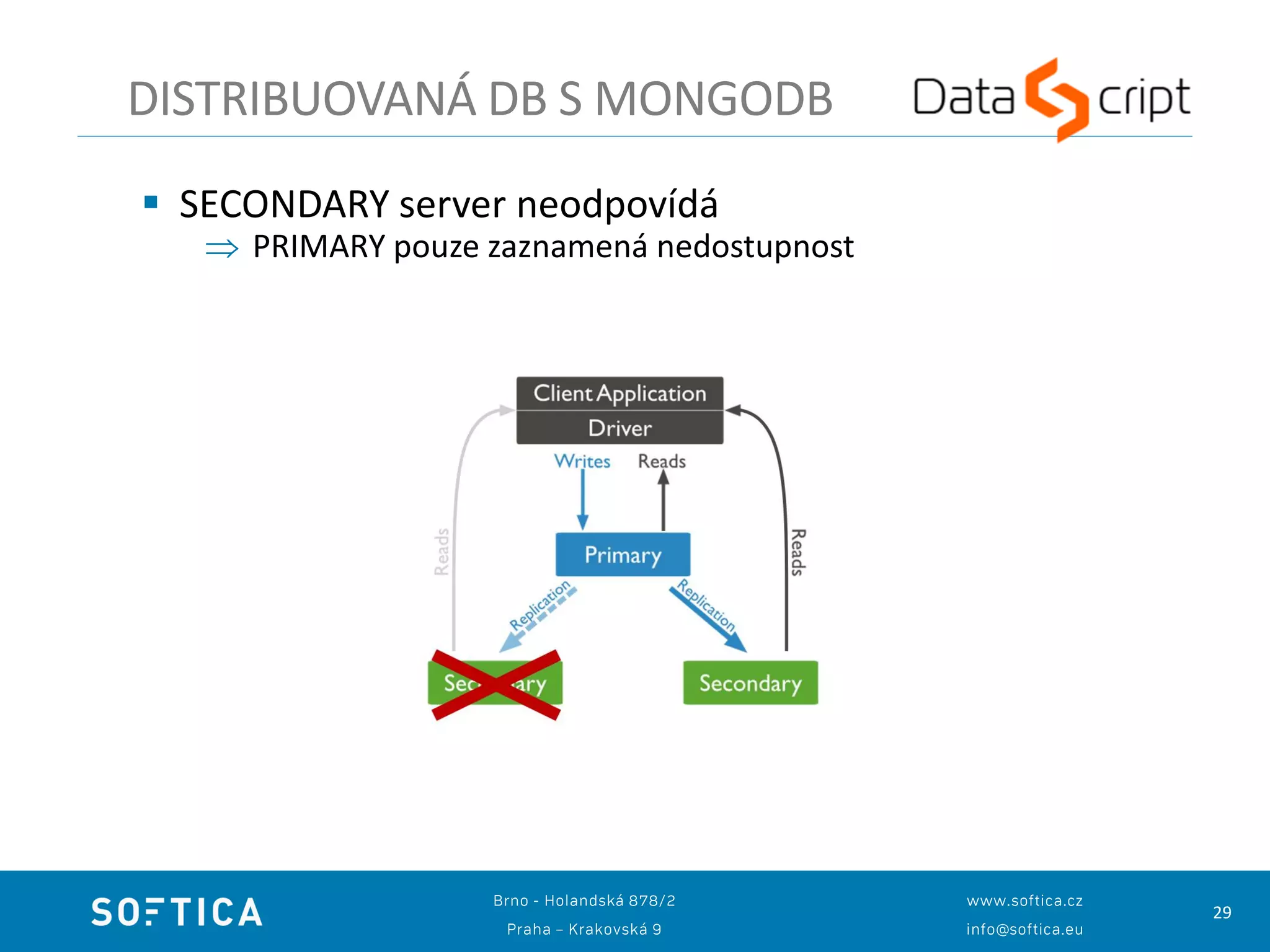29
DISTRIBUOVANÁ DB S MONGODB
 SECONDARY server neodpovídá
 PRIMARY pouze zaznamená nedostupnost
 