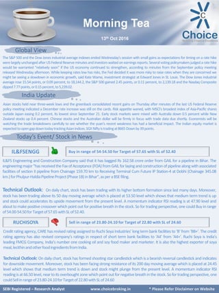 SEBI Certified – Research Analyst www.choiceindia.com
Global View
India Update
Today’s Event/ Stock in News
IL&FS Engineering and Construction Company said that it has bagged Rs 162.58 crore order from GAIL for a pipeline in Bihar. The
engineeringmajor"hasreceivedtheFaxofAcceptance(FOA) fromGAIL forlayingandconstructionof pipelinealongwithassociated
facilities of section II pipeline from Chainage 159.70 km to Receiving Terminal Cum Future IP Station-4 at Dobhi (Chainage 345.08
km.)forPhulpur-HaldiaPipelineProject(Phase1B)inBihar",asperaBSEfiling.
Technical Outlook: On daily chart, stock has been trading with its higher bottom formation since last many days. Moreover,
stock has been trading above its 50 day moving average which is placed at 53.50 level which shows that medium term trend is up
and stock could accelerates its upside movement from the present level. A momentum indicator RSI reading is at 47.90 level and
about to make positive crossover which point out for positive breathinthe stock. So for trading perspective, one could Buy in range
of54.00-54.50forTargetof57.65withSLof52.40.
IL&FSENGG
RUCHISOYA
SEBI Registered – Research Analyst www.choicebroking.in * Please Refer Disclaimer on Website
Morning Tea
13th Oct 2016
Sell in range of 23.80-24.10 for Target of 22.80 with SL of 24.60
Buy in range of 54-54.50 for Target of 57.65 with SL of 52.40
Credit rating agency, CARE has revised rating assigned to Ruchi Soya Industries’ longterm bank facilities to ‘B’ from ‘BB+’. The credit
rating agency has also revised company’s ratings in respect of short term bank facilities to ‘A4’ from ‘A4+’. Ruchi Soya is India’s
leading FMCG Company, India’s number one cooking oil and soy food maker and marketer. It is also the highest exporter of soya
meal,lecithinandotherfoodingredientsfromIndia.
Technical Outlook: On daily chart, stock has formed shooting star candlestick which is a bearish reversal candlestick and indicates
for downside movement. Moreover, stock has been facing strong resistance of its 200 day moving average which is placed at 24.45
level which shows that medium term trend is down and stock might plunge from the present level. A momentum indicator RSI
readingisat66.50 level,neartoitsoverboughtzonewhichpointout fornegativebreathinthestock.Sofortradingperspective,one
couldSellinrangeof23.80-24.10forTargetof22.80withSLof24.60
Asian stocks held near three-week lows and the greenback consolidated recent gains on Thursday after minutes of the last US Federal Reserve
policy meeting indicated a December rate increase was still on the cards. Risk appetite waned, with MSCI's broadest index of Asia-Pacific shares
outside Japan easing 0.2 percent, its lowest since September 21. Early stock markets were mixed with Australia down 0.5 percent while New
Zealand stocks up 0.4 percent. Chinese stocks and the Australian dollar will be firmly in focus with trade data due shortly. Economists will be
watching the trade breakdowns carefully to see whether the yuan's recent weakness has had a beneficial impact. The Indian equity market is
expectedtoopengapdowntodaytrackingAsianindices.SGXNiftyistradingat8665 Downby39points.
The S&P 500 and the Dow Jones industrial average indexes ended Wednesday's session with small gains as expectations for timing on a rate hike
werelargelyunchanged afterUSFederalReserveminutesandinvestorswaitedon earningsreports.Severalvotingpolicymakersjudgedaratehike
would be warranted "relatively soon" if the US economy continued to strengthen, according to minutes from the September policy meeting
released Wednesday afternoon. While keeping rates low has risks, the Fed decided it was more risky to raise rates when they are concerned we
might be seeing a slowdown in economic growth, said Kate Warne, investment strategist at Edward Jones in St. Louis. The Dow Jones industrial
average rose 15.54 points, or 0.09 percent, to 18,144.2, the S&P 500 gained 2.45 points, or 0.11 percent, to 2,139.18 and the Nasdaq Composite
dipped7.77points,or0.15percent,to5,239.02.
 