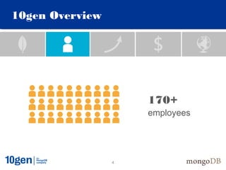 10gen Overview




                     170+
                     employees




                 4
 