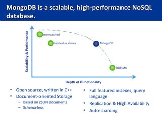 MongoDB is a scalable, high-performance NoSQL
database.




 • Open source, written in C++   • Full featured indexes, query
 • Document-oriented Storage       language
    – Based on JSON Documents    • Replication & High Availability
    – Schema-less
                                 • Auto-sharding
 