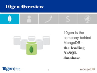 10gen Overview




                     10gen is the
                     company behind
                     MongoDB –
                     the leading
                     NoSQL
                     database


                 2
 