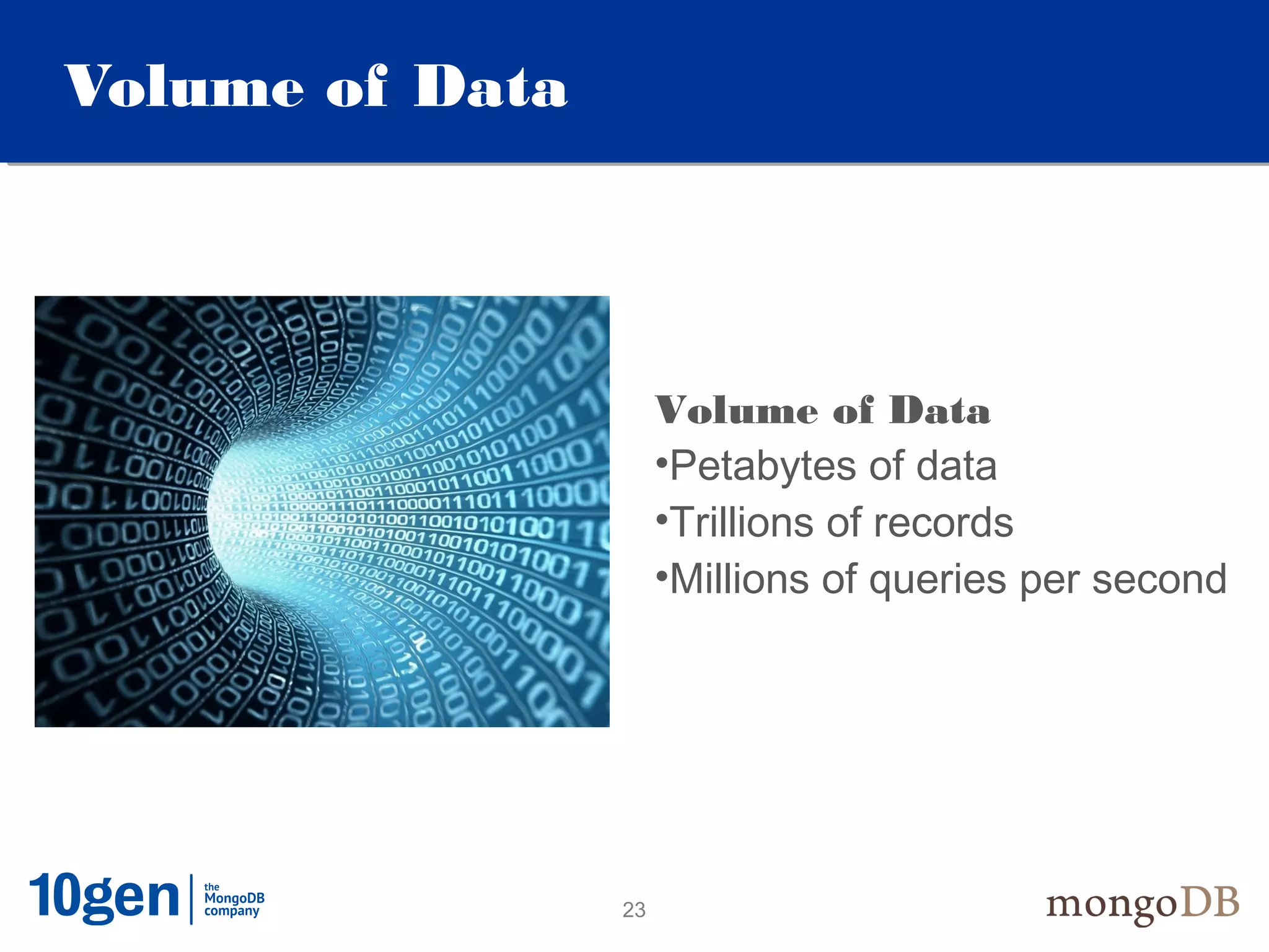 Volume of Data



                      Volume of Data
                      •Petabytes of data
                      •Trillions of records
                      •Millions of queries per second




                 23
 
