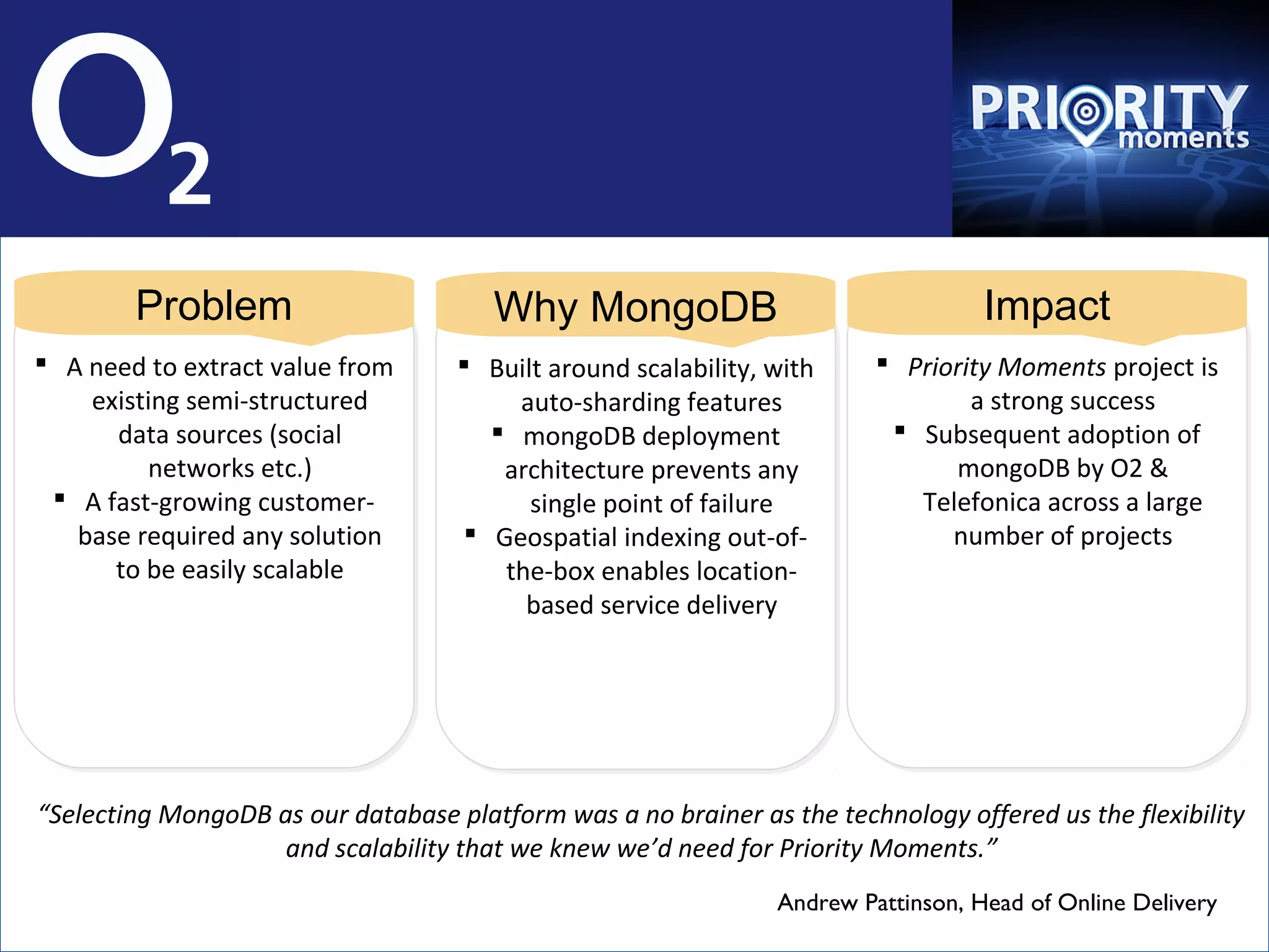 Problem                        Why MongoDB                                 Impact
 A need to extract value from
 A need to extract value from       Built around scalability, with
                                     Built around scalability, with      Priority Moments project is
                                                                          Priority Moments project is
    existing semi-structured
    existing semi-structured             auto-sharding features
                                          auto-sharding features                 a strong success
                                                                                  a strong success
      data sources (social
       data sources (social             mongoDB deployment
                                        mongoDB deployment                Subsequent adoption of
                                                                           Subsequent adoption of
         networks etc.)
          networks etc.)                architecture prevents any
                                        architecture prevents any              mongoDB by O2 &
                                                                                mongoDB by O2 &
  A fast-growing customer-
  A fast-growing customer-               single point of failure
                                           single point of failure          Telefonica across a large
                                                                            Telefonica across a large
   base required any solution
   base required any solution         Geospatial indexing out-of-
                                      Geospatial indexing out-of-             number of projects
                                                                               number of projects
      to be easily scalable
      to be easily scalable             the-box enables location-
                                        the-box enables location-
                                          based service delivery
                                          based service delivery




“Selecting MongoDB as our database platform was a no brainer as the technology offered us the flexibility
                    and scalability that we knew we’d need for Priority Moments.”
                                                                Andrew Pattinson, Head of Online Delivery
 