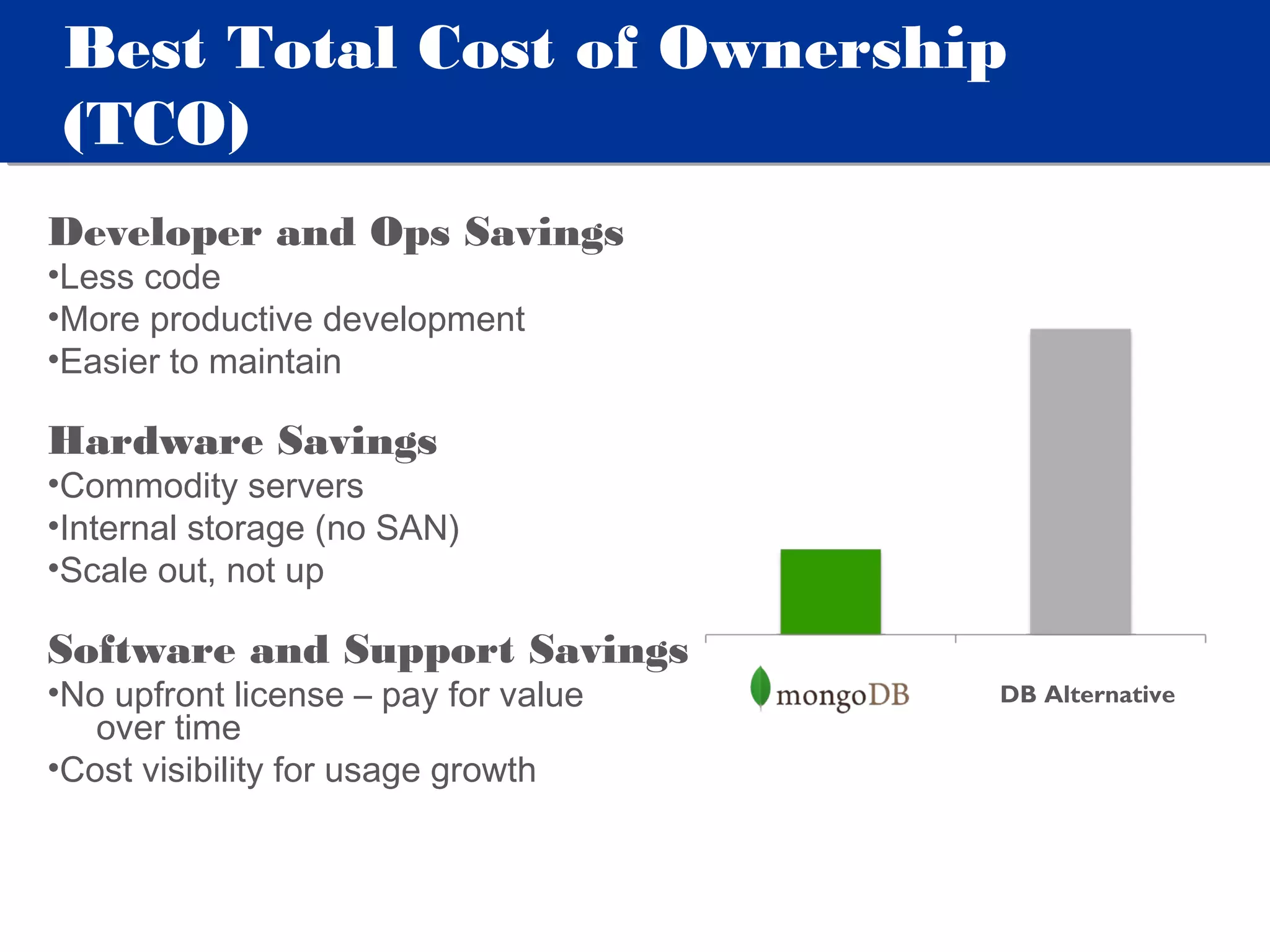 Best Total Cost of Ownership
 (TCO)
Developer and Ops Savings
•Less code
•More productive development
•Easier to maintain

Hardware Savings
•Commodity servers
•Internal storage (no SAN)
•Scale out, not up

Software and Support Savings
•No upfront license – pay for value   DB Alternative
   over time
•Cost visibility for usage growth
 