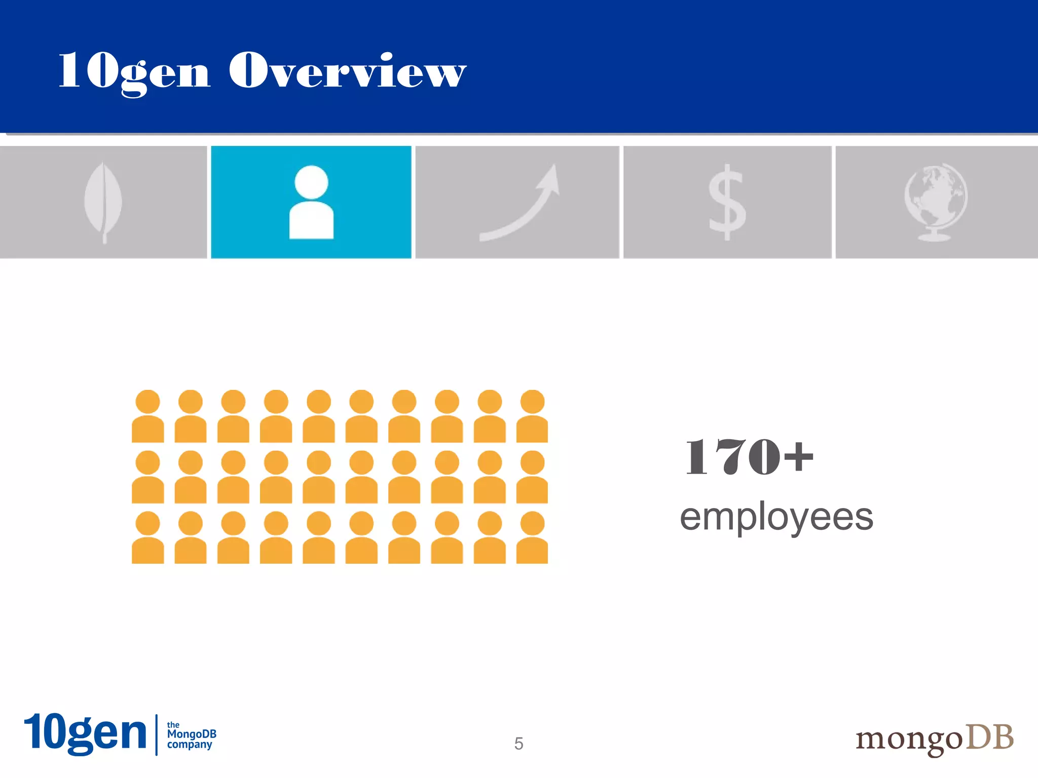10gen Overview




                     170+
                     employees




                 5
 