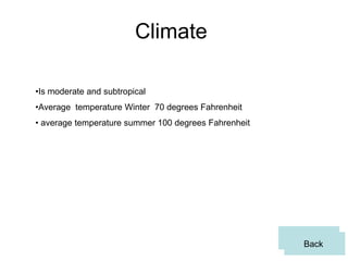 Climate

•Is moderate and subtropical
•Average temperature Winter 70 degrees Fahrenheit
• average temperature summer 100 degrees Fahrenheit




                                                      Back
                                                       Back
 