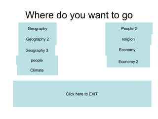 Where do you want to go
 Geography                          People 2

Geography 2                         religion

Geography 3                        Economy

  people                           Economy 2

  Climate




              Click here to EXIT
 