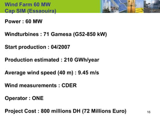 Wind Farm 60 MW
Cap SIM (Essaouira)
Power : 60 MW

Windturbines : 71 Gamesa (G52-850 kW)

Start production : 04/2007

Production estimated : 210 GWh/year

Average wind speed (40 m) : 9.45 m/s

Wind measurements : CDER

Operator : ONE

Project Cost : 800 millions DH (72 Millions Euro)   16
 