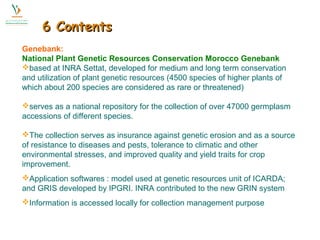 66 CCoonntteennttss 
Genebank: 
National Plant Genetic Resources Conservation Morocco Genebank 
based at INRA Settat, developed for medium and long term conservation 
and utilization of plant genetic resources (4500 species of higher plants of 
which about 200 species are considered as rare or threatened) 
serves as a national repository for the collection of over 47000 germplasm 
accessions of different species. 
The collection serves as insurance against genetic erosion and as a source 
of resistance to diseases and pests, tolerance to climatic and other 
environmental stresses, and improved quality and yield traits for crop 
improvement. 
Application softwares : model used at genetic resources unit of ICARDA; 
and GRIS developed by IPGRI. INRA contributed to the new GRIN system 
Information is accessed locally for collection management purpose 
 