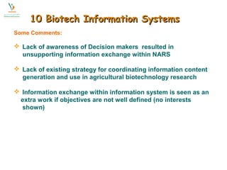 1100 BBiiootteecchh IInnffoorrmmaattiioonn SSyysstteemmss 
Some Comments: 
 Lack of awareness of Decision makers resulted in 
unsupporting information exchange within NARS 
 Lack of existing strategy for coordinating information content 
generation and use in agricultural biotechnology research 
 Information exchange within information system is seen as an 
extra work if objectives are not well defined (no interests 
shown) 
 