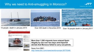 Why we need to Anti-smuggling in Morocco?
Over 300 death in Noverber,2016 Over 16 people death in January,201715 people death in January 2014
News from BBC :
http://www.bbc.com/news/world-europe-28770346
More than 1,200 migrants have entered Spain
illegally by sea over two days amid Spanish
denials that Morocco failed to carry out patrols.
 