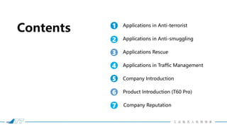 Contents Applications in Anti-terrorist
Applications in Anti-smuggling
Applications Rescue
Applications in Traffic Management
Company Introduction
Product Introduction (T60 Pro)
1
2
3
4
5
6
7 Company Reputation
 