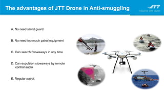 The advantages of JTT Drone in Anti-smuggling
A. No need stand guard
B. No need too much patrol equipment
C. Can search Stowaways in any time
D. Can expulsion stowaways by remote
control audio
E. Regular patrol.
 