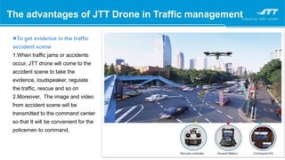 To get evidence in the traffic
accident scene
1.When traffic jams or accidents
occur, JTT drone will come to the
accident scene to take the
evidence, loudspeaker, regulate
the traffic, rescue and so on
2.Moreover, The image and video
from accident scene will be
transmitted to the command center
so that It will be convenient for the
policemen to command.
The advantages of JTT Drone in Traffic management
 