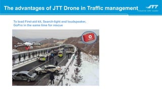 To load First-aid kit, Search-light and loudspeaker,
GoPro in the same time for rescue
The advantages of JTT Drone in Traffic management
 