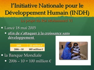 l’Initiative Nationale pour le
  Développement Humain (INDH)
             Le projet du Roi Mohammed VI

 Lancé 18 mai 2005
  afin de s’attaquer à la croissance sans
   développement

         2005      22 million €
       2006 – 10   885 million €

 la Banque Mondiale
  2006 – 10 = 100 million €
 