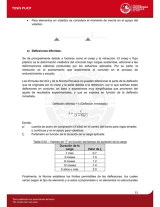 32
 Para elementos en voladizo se considera el momento de inercia en el apoyo del
voladizo.
e) Deflexiones diferidas:
Se da principalmente debido a factores como el creep y la retracción. El creep o flujo
plástico es la deformación inelástica del concreto bajo cargas sostenidas, adicional a las
deformaciones elásticas producidas por los esfuerzos aplicados. Por su parte, la
retracción es el acortamiento que experimenta el concreto en el proceso de
endurecimiento y secado.
Las fórmulas del ACI y de la Norma Peruana no pueden diferenciar la parte de la deflexión
que es originada por el creep y la parte debida a la retracción, por lo que estiman estas
deflexiones en conjunto, en base a expresiones muy simplificadas que provienen del
ajuste de resultados experimentales, y que se expresa en función de la deflexión
inmediata.
Deflexión diferida = λ (Deflexión inmediata)
λ =
𝜁
(1 + 50𝜌′)
Donde:
ρ’: cuantía de acero en compresión (A’s/bd) en el centro del tramo para vigas simples
o continuas y en el apoyo para voladizos.
ζ: Parámetro en función de la duración de la carga aplicada
Tabla 5.02 – Valores de “ζ” en función del tiempo de duración de la carga
Duración de la
carga Valor de ζ
1 mes 0.7
3 meses 1.0
6 meses 1.2
12 meses 1.4
5 años o más 2.0
Finalmente, la Norma establece los límites permisibles de las deflexiones, los cuales
varían según el tipo de elemento y si estos comprometen o no elementos no estructurales
 