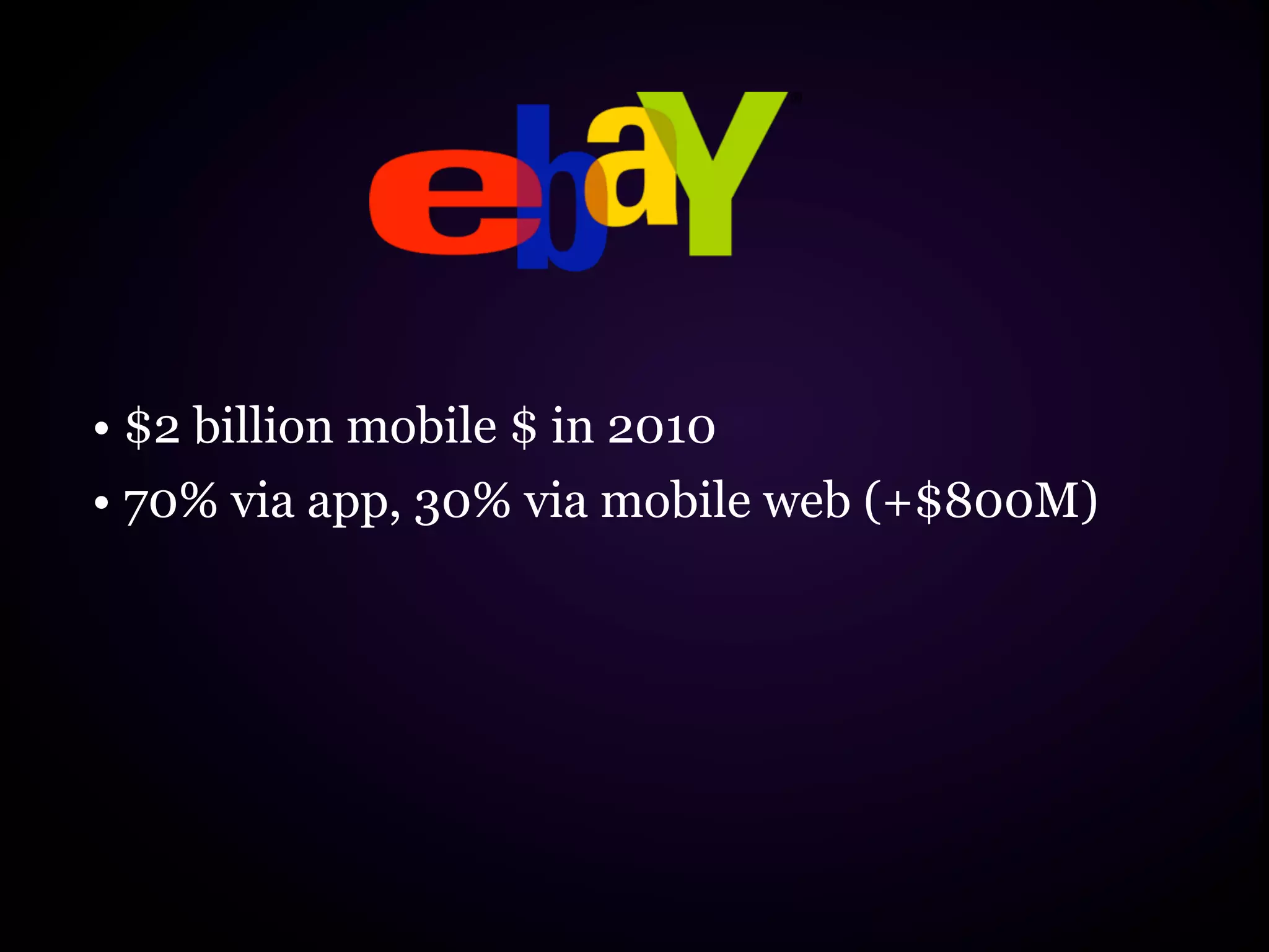 • $2 billion mobile $ in 2010
• 70% via app, 30% via mobile web (+$800M)
 