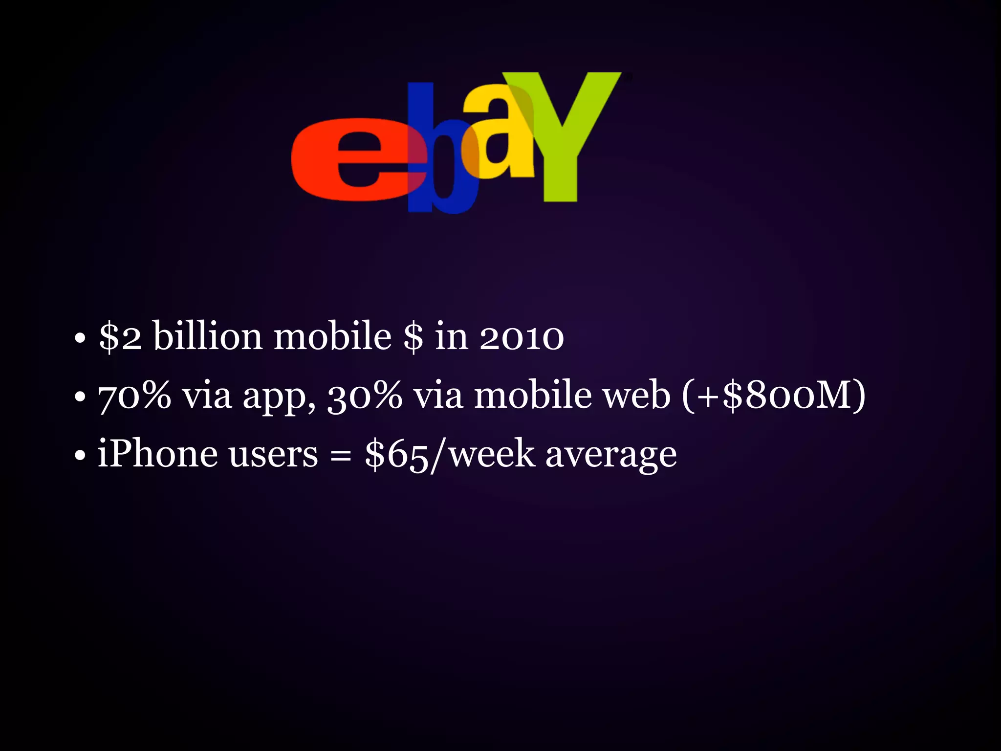 • $2 billion mobile $ in 2010
• 70% via app, 30% via mobile web (+$800M)
• iPhone users = $65/week average
 