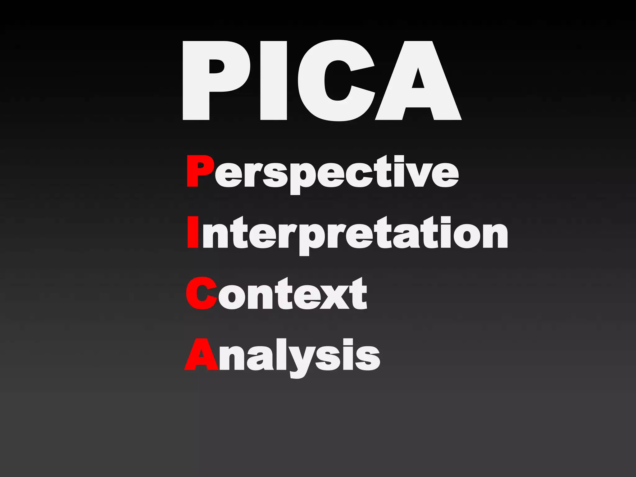 PICA
Perspective
Interpretation
Context
Analysis
 