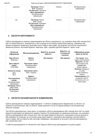 26.04.2017 Перегляд декларації | ЄДИНИЙ ДЕРЖАВНИЙ РЕЄСТР ДЕКЛАРАЦІЙ
https://public.nazk.gov.ua/declaration/384cfa0d­b8c3­46ee­bb3b­7c1c3bacc290 3/7
дружина Прізвище: Мороз
Ім'я: Людмила
По батькові: Павлівна
Дата народження:
[Конфіденційна
інформація]
Україна [Конфіденційна
інформація]
син Прізвище: Мороз
Ім'я: Артем
По батькові: Юрійович
Дата народження:
[Конфіденційна
інформація]
Україна [Конфіденційна
інформація]
3.   ОБ'ЄКТИ НЕРУХОМОСТІ
Суб'єкт декларування повинен задекларувати всі об'єкти нерухомості, що належать йому або членам його
сім’ї на праві власності, знаходяться у них в оренді чи на іншому праві користування, незалежно від
форми укладення правочину, внаслідок якого набуте таке право. Це включає такі об’єкти нерухомості:
земельна ділянка, житловий будинок, квартира, офіс, садовий (дачний) будинок, гараж, інше.
Загальна
інформація
Місцезнаходження
Вартість на дату
набуття
Вартість за
останньою
оцінкою
Інформація щодо
прав на об'єкт
Вид об'єкта:
Квартира
 
Дата набуття
права:
15.09.2008
 
Загальна площа
(м2
):
69,4
 
Реєстраційний
номер:
[Конфіденційна
інформація]
Прізвище: Мороз
Ім'я: Юрій
По батькові:
Леонідович
Країна:
Україна
 
Поштовий індекс:
[Конфіденційна
інформація]
 
Населений пункт:
Київ / Україна
 
Адреса:
[Конфіденційна
інформація]
[Не відомо] [Не відомо] Тип права: Інше
право користування
Відсоток, %: [Не
застосовується]
Інший тип:
Користування
Власник: Юридичн
а особа,
зареєстрована в
Україні
Найменування: Ви
конавчий комітет
Солом'янської в м.
Києві ради
 
4.   ОБ'ЄКТИ НЕЗАВЕРШЕНОГО БУДІВНИЦТВА
Суб’єкт декларування повинен задекларувати: 1) об’єкти незавершеного будівництва; 2) об’єкти, не
прийняті в експлуатацію; або 3) об'єкти, право власності на які не зареєстроване в установленому
законом порядку.
Такі об'єкти декларуються, якщо вони: а) належать суб’єкту декларування або членам його сім’ї на праві
власності відповідно до Цивільного кодексу України; б) розташовані на земельних ділянках, що належать
суб’єкту декларування або членам його сім’ї на праві приватної власності, включаючи спільну власність,
або передані їм в оренду чи на іншому праві користування, незалежно від правових підстав набуття
такого права; або в) повністю або частково побудовані з матеріалів чи за кошти суб’єкта декларування
або членів його сім’ї.
У суб'єкта декларування чи членів його сім'ї відсутні об'єкти для декларування в цьому розділі
 