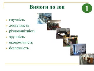 Вимоги до зон   1
   гнучкість
   доступність
   різноманітність
   зручність
   економічність
   безпечність
 