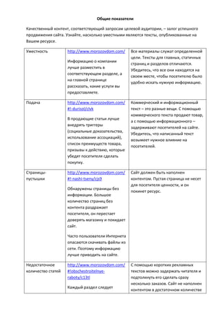 Общие показатели
Качественный контент, соответствующий запросам целевой аудитории, – залог успешного
продвижения сайта. Узнайте, насколько уместными являются тексты, опубликованные на
Вашем ресурсе.
Уместность http://www.morozovdom.com/
Информацию о компании
лучше разместить в
соответствующем разделе, а
на главной странице
рассказать, какие услуги вы
предоставляете.
Все материалы служат определенной
цели. Тексты для главных, статичных
страниц и разделов отличаются.
Убедитесь, что все они находятся на
своем месте, чтобы посетителю было
удобно искать нужную информацию.
Подача http://www.morozovdom.com/
#!-durisol/clvk
В продающие статьи лучше
внедрять триггеры
(социальные доказательства,
использование ассоциаций),
список преимуществ товара,
призывы к действию, которые
убедят посетителя сделать
покупку.
Коммерческий и информационный
текст – это разные вещи. С помощью
коммерческого текста продают товар,
а с помощью информационного –
задерживают посетителей на сайте.
Убедитесь, что написанный текст
возымеет нужное влияние на
посетителей.
Страницы-
пустышки
http://www.morozovdom.com/
#!-nashi-tseny/cjs9
Обнаружены страницы без
информации. Большое
количество страниц без
контента раздражает
посетителя, он перестает
доверять магазину и покидает
сайт.
Часто пользователи Интернета
опасаются скачивать файлы из
сети. Поэтому информацию
лучше приводить на сайте.
Сайт должен быть наполнен
контентом. Пустая страница не несет
для посетителя ценности, и он
покинет ресурс.
Недостаточное
количество статей
http://www.morozovdom.com/
#!obschestroitelnye-
raboty/c13tl
Каждый раздел следует
С помощью коротких рекламных
текстов можно задержать читателя и
подтолкнуть его сделать cразу
несколько заказов. Сайт не наполнен
контентом в достаточном количестве
 