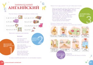 v                                                                   u
     t                                                                              g
 y
 c          английский r
                             Занимательный
                                                                                           n
                                                                                               Найди в тексте предложения о том, как Саймон ищет котенка.

                                                                                                 Simon is in the pantry. And he is still looking for the sound:
                                                                                                 in the left corner, in the right corner. «Nothing!»
                                                                                                 Simon is in his kitchen. In the middle of the room
     h                                                                                           there is a box. Simon is surprised (удивлен).
                                                                                                 «Mew! Mew!» comes from the box.
             Расставь буквы в правильном порядке и запиши слова.                                                                                              I am not inside a house.
                                                                                                 «What are you?» Simon says. «What is in the box?»            But no house is complete




                                                                                                                                                                            3
                                                                                                 It’s a secret. Then he sees two black ears...                without me.
                                                                                                                                                              What am I?
                                                                                                 two big green eyes…and a small pink nose!
                                                                                                 «Oh! It’s a kitten!», says Simon.
                                                                                                 He is so happy! He has got a new friend.
                                                                                                 They will play hide-and-seek together.

                                                                                               Котенок и Саймон любят играть в прятки.
                                                                                               Посмотри на картинки и расскажи, где котенок ищет Саймона.




              Прочитай и переведи стихотворение.




                                                                       2
                              My House
                                                            It happens once in a minute,
                              Let's go to my house.         twice in a week,
                              Let's go today.               and once in a year.
                                                            What is it?
                              I'll show you all the rooms
                              Where we work and play.
 Clean, but not water.
 White, but not snow.         Here is the kitchen
 Sweet, but not ice-cream,




             1
 What is it?                  Where Mother cooks for me.
                              Here is the living room
                              Where I watch TV.

                              Here is the dining room.
                              We eat here every day.
                              And this room is my room                                                     What is white when      Например:


                                                                                                                 4
                              Where I sleep and play.                                                      it is dirty and black
                                                                                                                                   The kitten thinks that Simon is in the box
                                                                                                           when it is clean?
                                                                                                                                                                                         z
              А теперь попробуй рассказать его, не подглядывая в журнал.                                                                                                            j

                                                                                                                                                                                b
34   занимательный английский                                                                                                                                               w       35
 