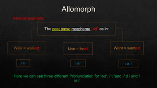 The past tense morpheme “ed” as in:
Walk = walked Live = lived Want = wanted
/ t / / d / / id /
Here we can see three different Pronunciation for “ed“. / t /and / d / and /
id /
 