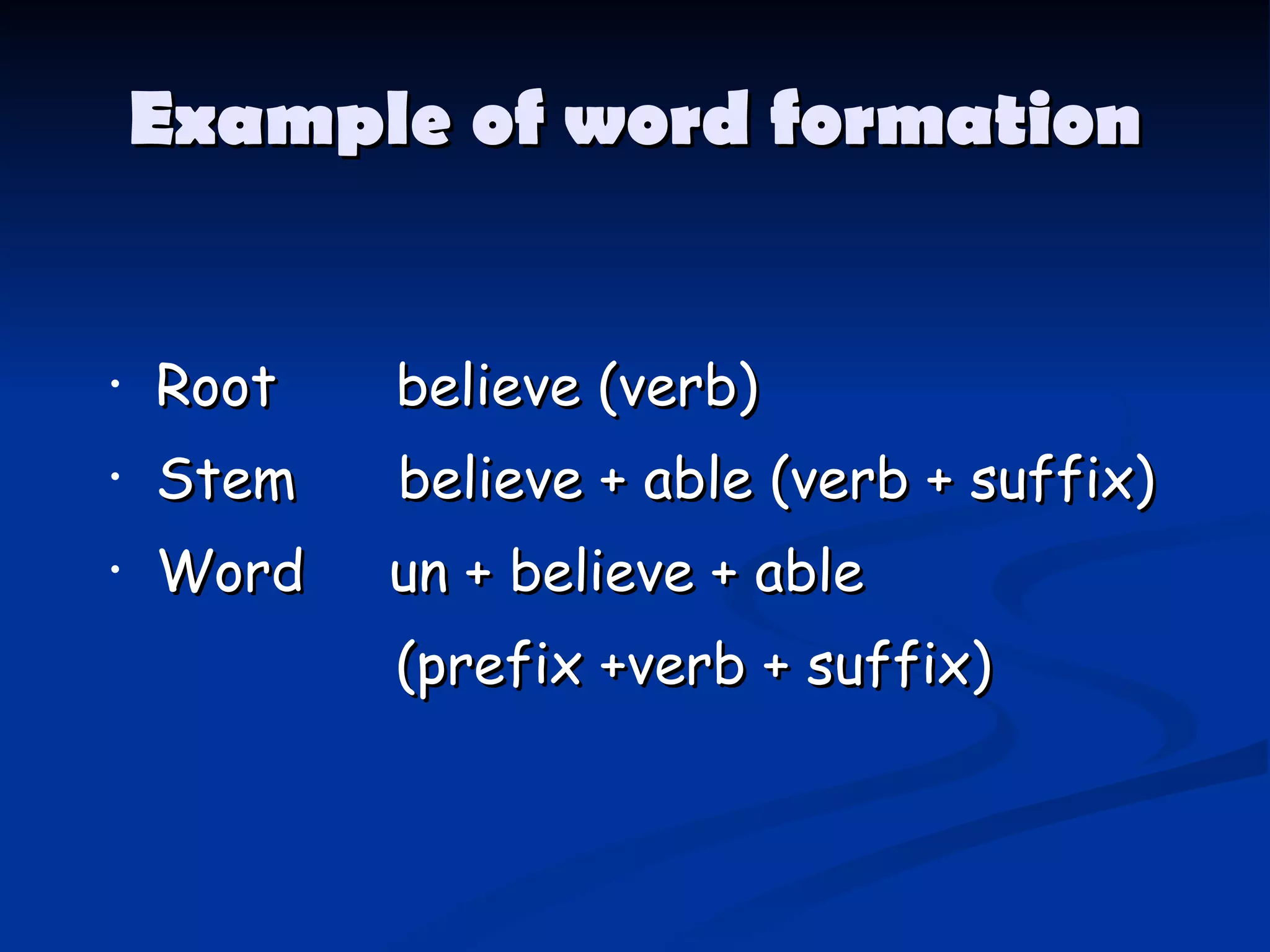 Example of word formation Root       believe (verb)  Stem     believe + able (verb + suffix) Word     un + believe + able   (prefix +verb + suffix)    