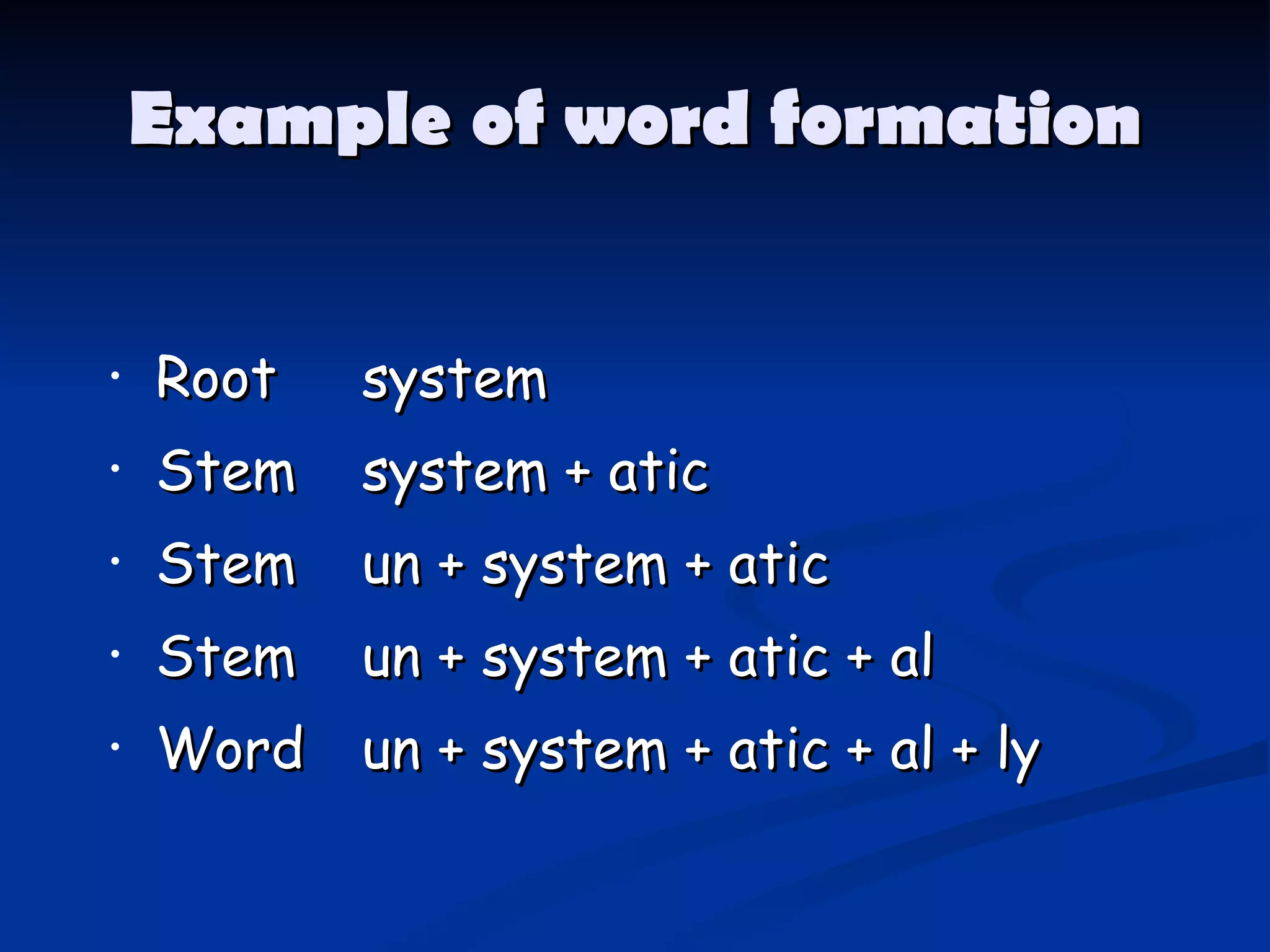 Example of word formation Root system Stem system + atic Stem un + system + atic Stem un + system + atic + al Word un + system + atic + al + ly 