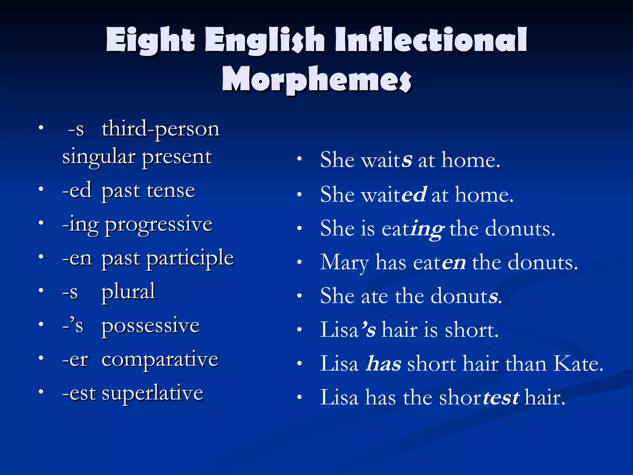 Eight English Inflectional Morphemes -s  third-person singular present - ed past tense -ing progressive -en past participle -s plural -’s possessive - er comparative -est superlative She wait s   at home. She wait ed  at home. She is eat ing  the donuts. Mary has eat en  the donuts. She ate the donut s . Lisa ’s  hair is short. Lisa  has  short hair than Kate. Lisa has the shor test  hair. 