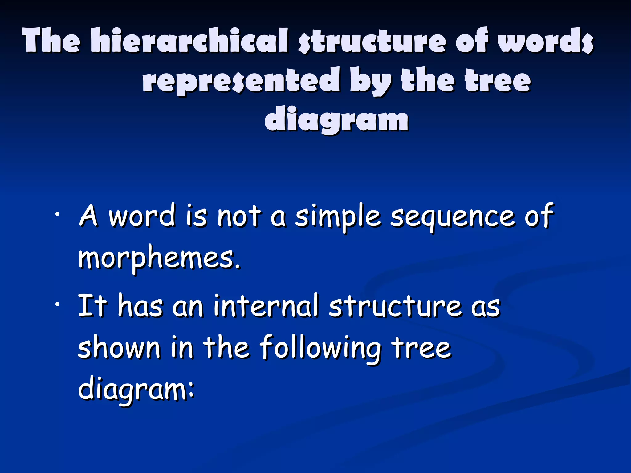 The hierarchical structure of words represented by the tree diagram A word is not a simple sequence of morphemes. It has an internal structure as shown in the following tree diagram: 