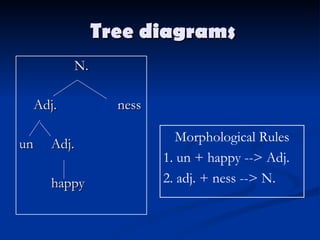 T ree diagrams ,[object Object],[object Object],[object Object],[object Object],Morphological Rules 1. un + happy --> Adj. 2. adj. + ness --> N. 
