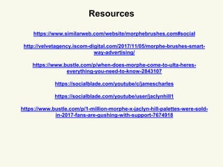 Resources
https://www.similarweb.com/website/morphebrushes.com#social
http://velvetagency.iscom-digital.com/2017/11/05/morphe-brushes-smart-
way-advertising/
https://www.bustle.com/p/when-does-morphe-come-to-ulta-heres-
everything-you-need-to-know-2843107
https://socialblade.com/youtube/c/jamescharles
https://socialblade.com/youtube/user/jaclynhill1
https://www.bustle.com/p/1-million-morphe-x-jaclyn-hill-palettes-were-sold-
in-2017-fans-are-gushing-with-support-7674918
 