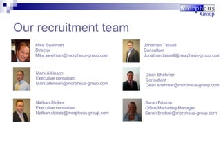 Our recruitment team Mike Swetman Director [email_address] Jonathan Tassell Consultant Jonathan.tassell @morpheus-group.com Mark Atkinson Executive consultant [email_address] Nathan Stokes Executive consultant [email_address] Dean Shehmar Consultant Dean.shehmar @morpheus-group.com Sarah Bristow Office/Marketing Manager [email_address] 