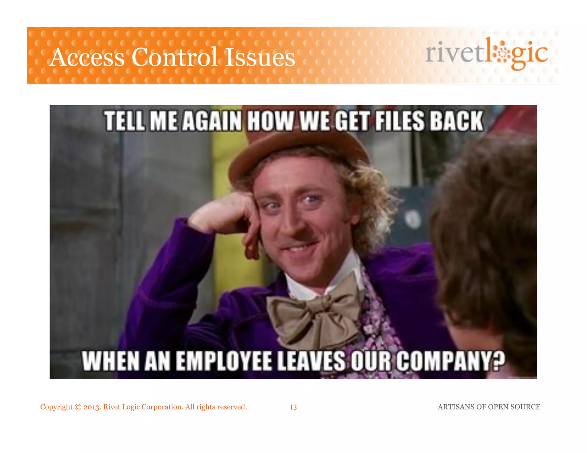 Copyright © 2013. Rivet Logic Corporation. All rights reserved. ARTISANS OF OPEN SOURCE13!
Access Control Issues
 