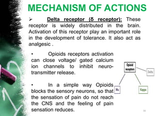 MECHANISM OF ACTIONS
 Delta receptor (δ receptor): These
receptor is widely distributed in the brain.
Activation of this receptor play an important role
in the development of tolerance. It also act as
analgesic .
• Opioids receptors activation
can close voltage/ gated calcium
ion channels to inhibit neuro-
transmitter release.
• In a simple way Opioids
blocks the sensory neurons, so that
the sensation of pain do not reach
the CNS and the feeling of pain
sensation reduces. 16
 