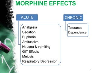 MORPHINE EFFECTS
ACUTE
Analgesia
Sedation
Euphoria
Antitussive
Nausea & vomiting
GIT Effects
Meiosis
Respiratory Depression
CHRONIC
Tolerance
Dependence
21
 