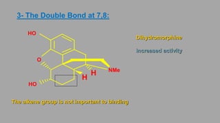 3- The Double Bond at 7,8:
Dihydromorphine
Increased activity
The alkene group is not important to binding.
NMe
O
HO
HO
H
H
 