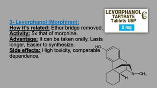 5- Methadone(1937):
How its related: Rings B,C,D,E opened.
Activity: Less than Morphine.
Used to: Treat addiction.
Advantages: Can be given orally, Less side effects.
 