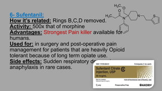 8- Dipipanone (1970):
How it’s related: Rings B,C,D opened.
Activity: Similar to morphine.
Used for: Patients allergic to morphine.
Side effects: Sudden respiratory depression, risk of abuse.
 