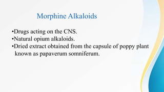 Morphine Alkaloids
•Drugs acting on the CNS.
•Natural opium alkaloids.
•Dried extract obtained from the capsule of poppy plant
known as papaverum somniferum.
 